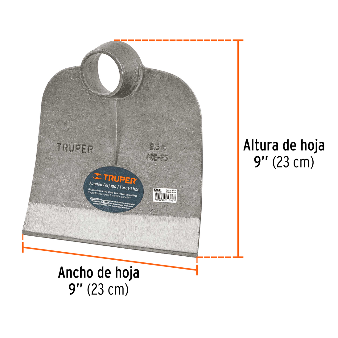 ACE-25 Azadón centroamericano forjado sin mango, 2.5 lb (1.1 kg), hoja 9" (23 cm) x 9" (23 cm), diám. cónico 46-52 mm, Hecho en México, Truper Truper