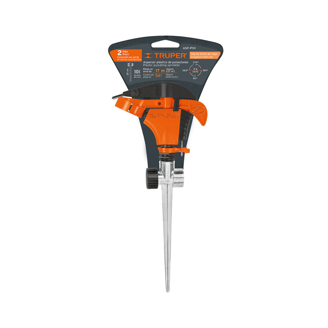 ASP-P11X Aspersor plástico de pulsaciones con estaca metálica, 2 vías conexión en serie, clip de límite de riego, presión 10-50 psi, alcance 17 m (56 ft), entrada 3/4", Truper Truper