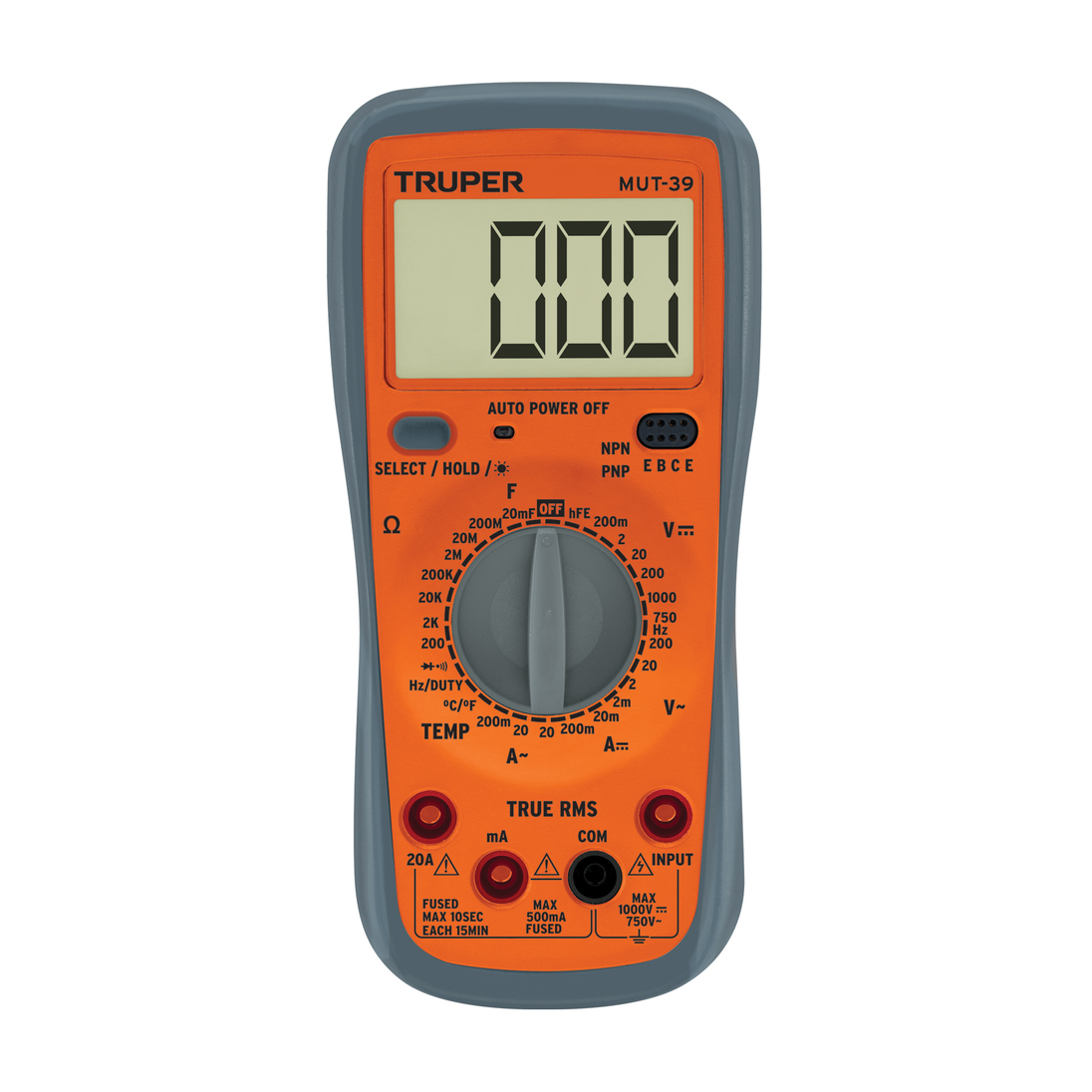MUT-39 Multímetro digital usos generales 20A, True RMS, NPN/PNP, 2V-750V c.a./1000V c.c., 200Ω-200MΩ, -40°C a 1000°C, 0Hz-60MHz, Truper Truper