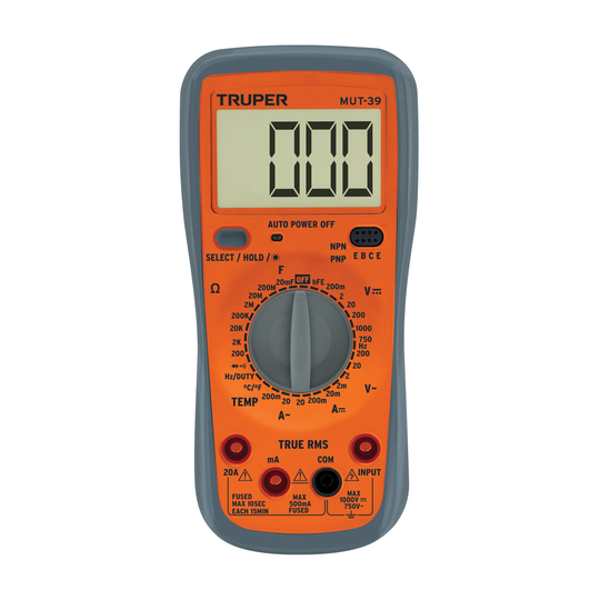 MUT-39 Multímetro digital usos generales 20A, True RMS, NPN/PNP, 2V-750V c.a./1000V c.c., 200Ω-200MΩ, -40°C a 1000°C, 0Hz-60MHz, Truper Truper