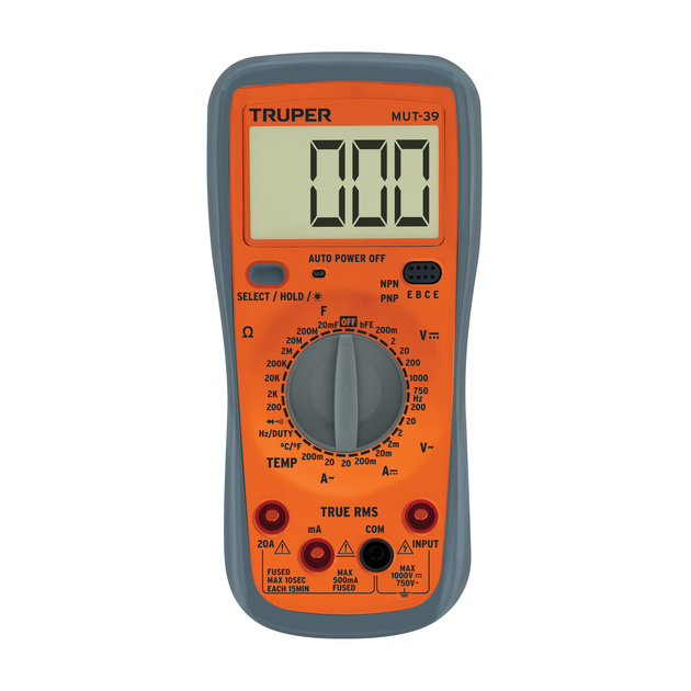 MUT-39 Multímetro digital usos generales 20A, True RMS, NPN/PNP, 2V-750V c.a./1000V c.c., 200Ω-200MΩ, -40°C a 1000°C, 0Hz-60MHz, Truper Truper