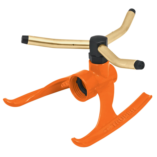 REG-3X-2 Aspersor giratorio con base metálica, 3 brazos de latón, 360°, presión 10-50 psi, alcance 13 m (43 ft), área aprox. 530 m², entrada 3/4", Truper Truper