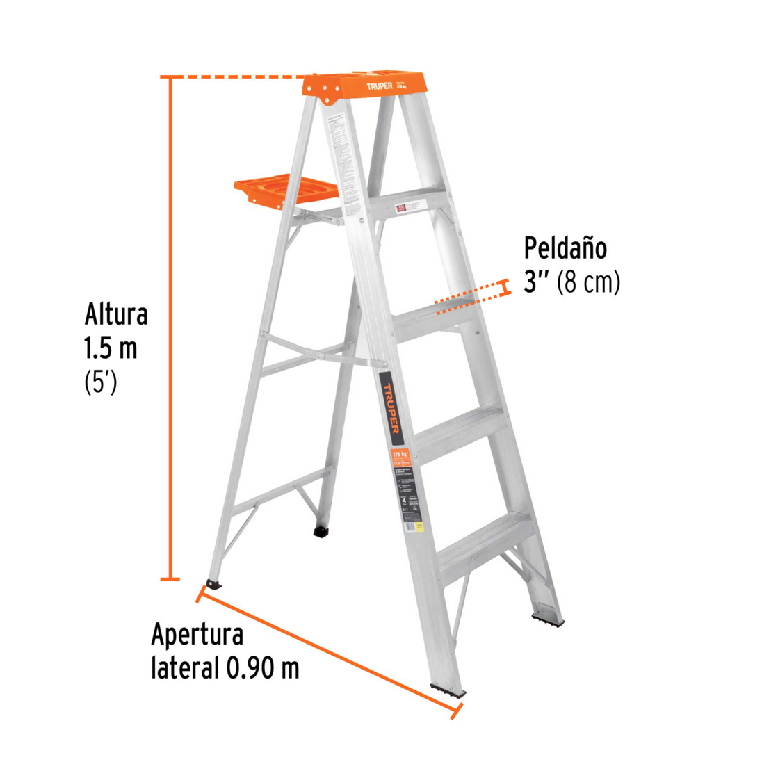 EST-25 Escalera tipo tijera aluminio Tipo II 175 kg, 5 peldaños, altura 1.5 m (5'), alcance máx. 2.7 m (9'), con bandeja retráctil, Truper Truper