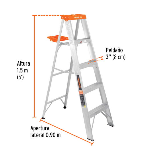 EST-25 Escalera tipo tijera aluminio Tipo II 175 kg, 5 peldaños, altura 1.5 m (5'), alcance máx. 2.7 m (9'), con bandeja retráctil, Truper Truper