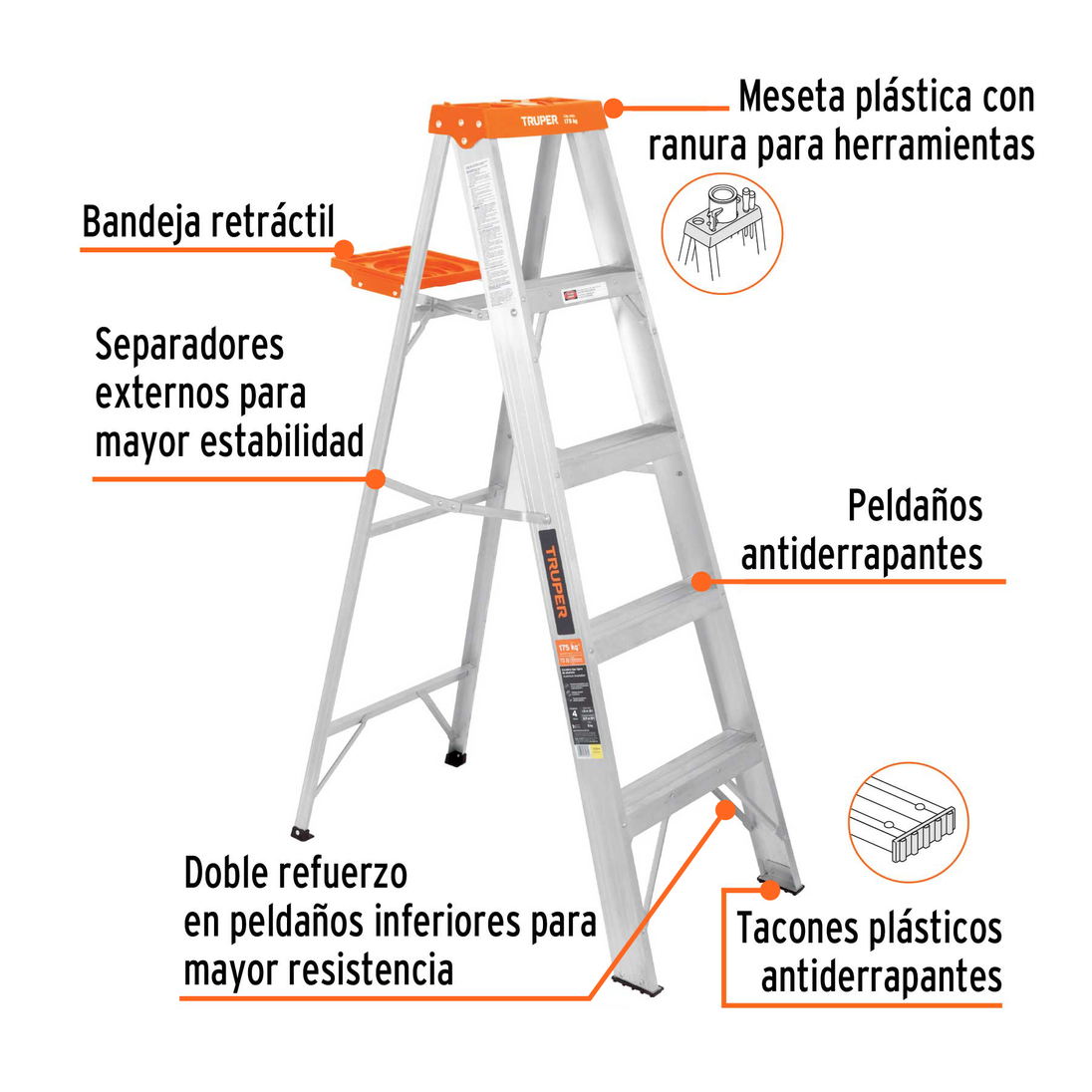 EST-25 Escalera tipo tijera aluminio Tipo II 175 kg, 5 peldaños, altura 1.5 m (5'), alcance máx. 2.7 m (9'), con bandeja retráctil, Truper Truper