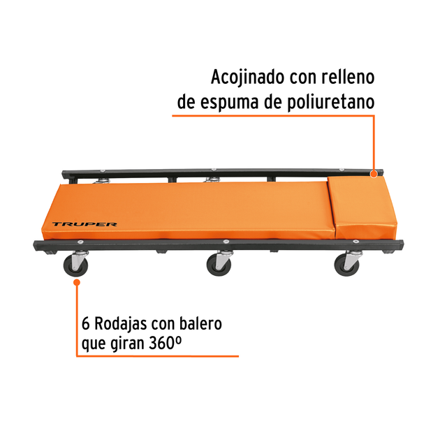 CATA-36 Cama para mecánico de acero, 36" x 16½" (90 x 42 cm), 130 kg, 6 rodajas polipropileno 360°, Truper Truper