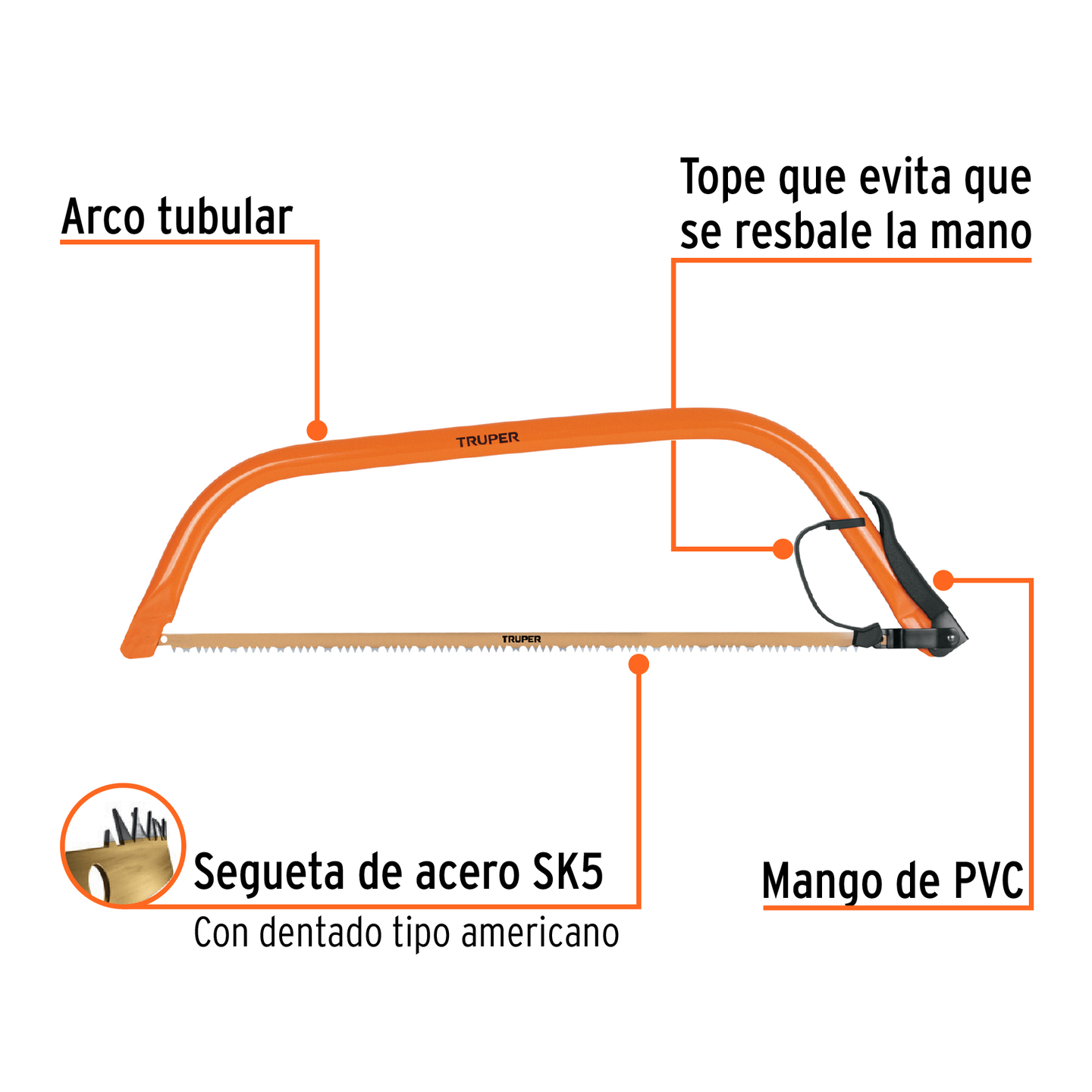 AJT-30 Arco jardinero tubular de acero con segueta, 30" (760 mm), acero SK5, mango PVC, Truper Truper