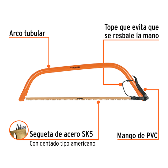 AJT-30 Arco jardinero tubular de acero con segueta, 30" (760 mm), acero SK5, mango PVC, Truper Truper