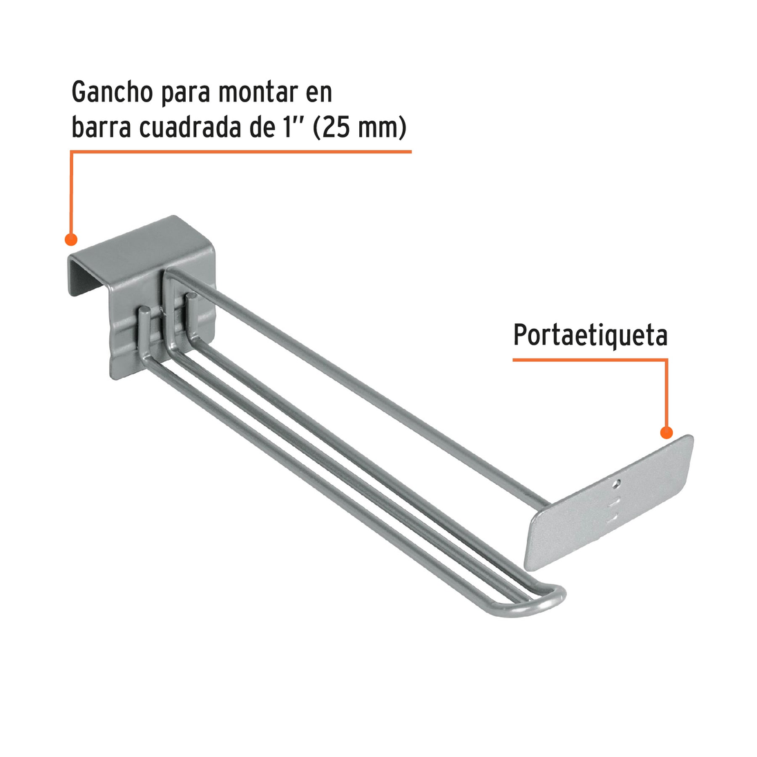GA-10R Gancho recto reforzado 10" con portaetiqueta, para productos pesados, góndola, barra cuadrada 1" (25 mm), Ø 3/16" (5 mm), largo 25 cm, Truper Truper
