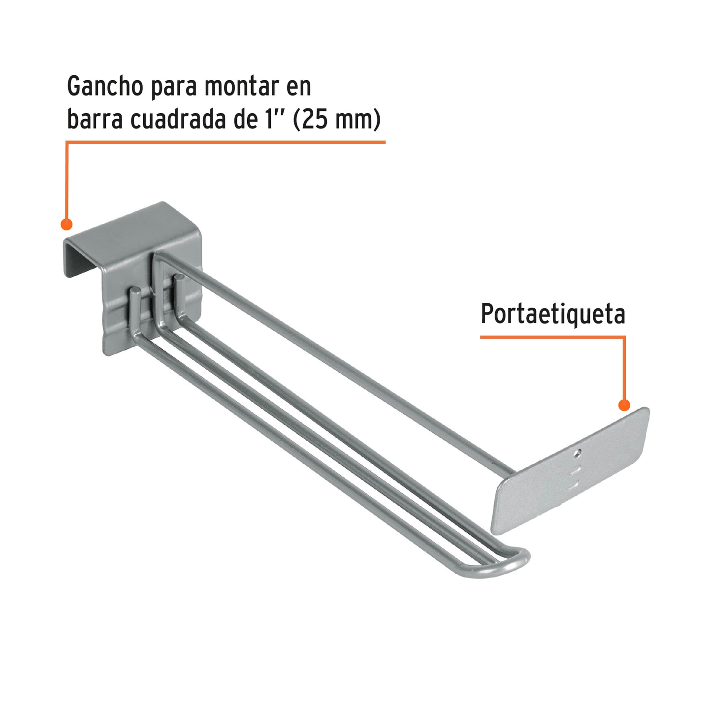 GA-10R Gancho recto reforzado 10" con portaetiqueta, para productos pesados, góndola, barra cuadrada 1" (25 mm), Ø 3/16" (5 mm), largo 25 cm, Truper Truper