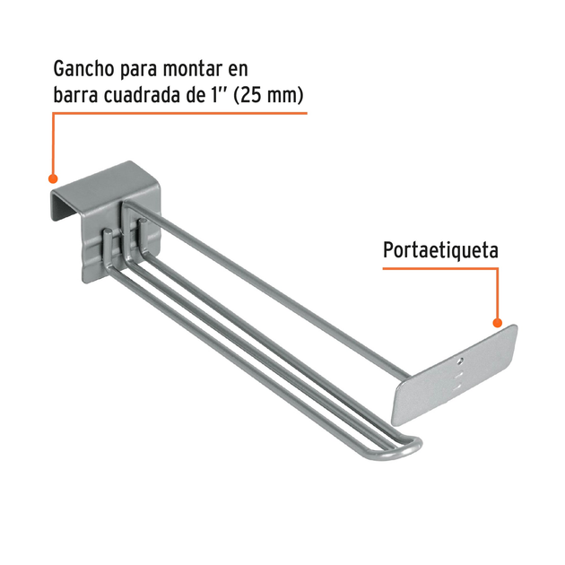 GA-10R Gancho recto reforzado 10" con portaetiqueta, para productos pesados, góndola, barra cuadrada 1" (25 mm), Ø 3/16" (5 mm), largo 25 cm, Truper Truper