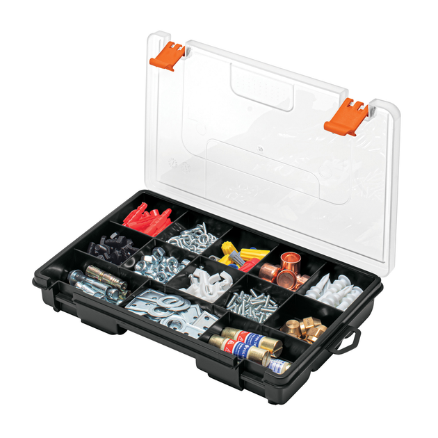 ORG-13 Organizador con 13 compartimentos de polipropileno, 25 x 17 x 4 cm, tapa traslúcida, broches uso rudo, Hecho en México, Truper Truper