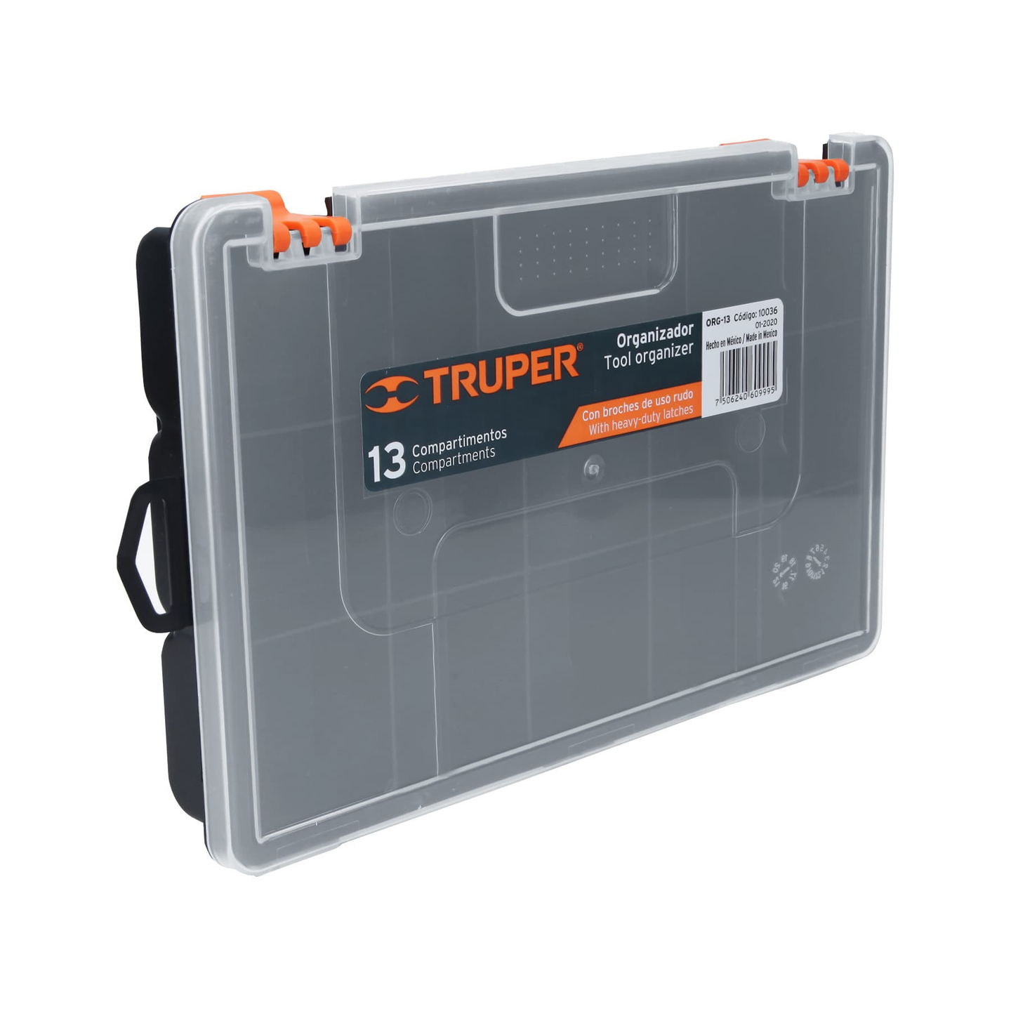 ORG-13 Organizador con 13 compartimentos de polipropileno, 25 x 17 x 4 cm, tapa traslúcida, broches uso rudo, Hecho en México, Truper Truper