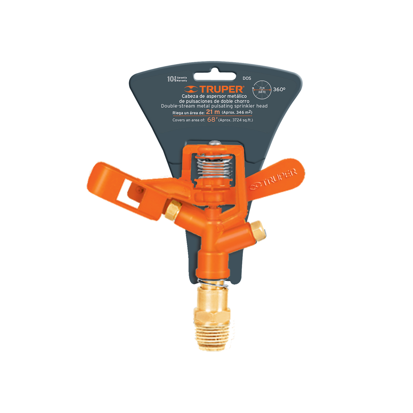 DOS Cabeza de aspersor metálico de pulsaciones doble chorro, conexión latón, presión 10-50 psi, alcance 21 m (68 ft), área 346 m², cobertura 90°-360°, conexión 1/2", sin estaca, Truper Truper