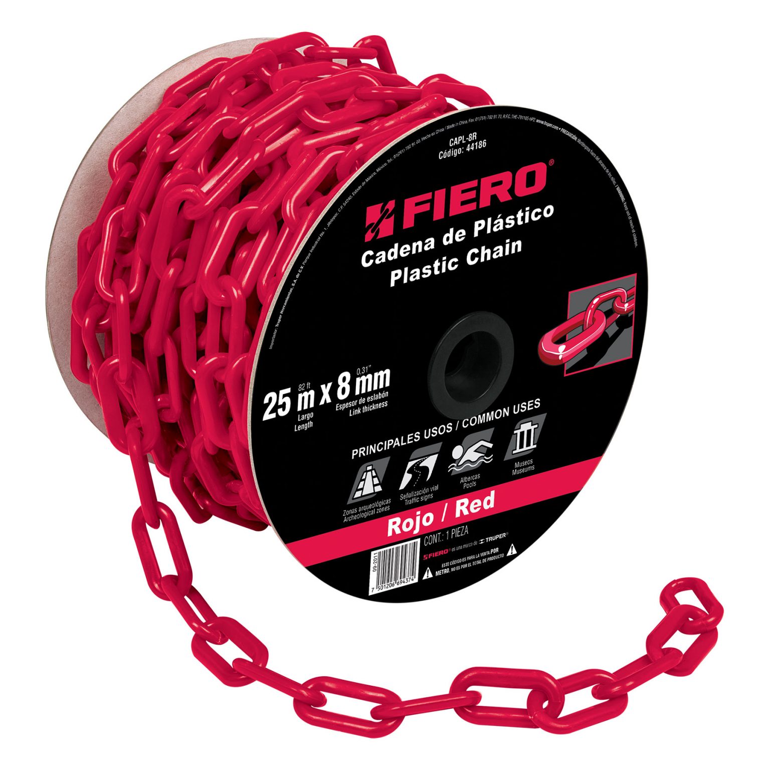 Cadena de plástico de 8mm 1 metro roja Cod 44186