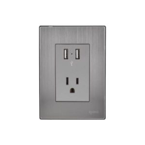 Placa 3 ventanas con 2 contactos USB y contactos 2p+t plata Inox Igoto