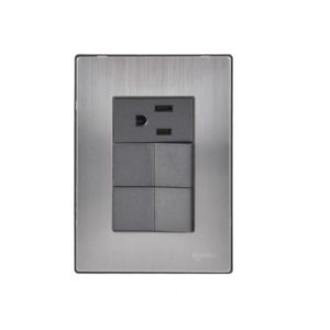 Placa 3 ventanas con 2 apagadores sencillos y contacto 2p+t negro Inox Igoto