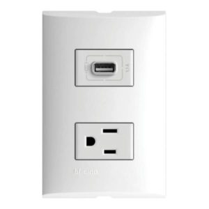 Placa 2 ventanas con contacto 2p+t y contacto USB blanco Forza Bticino