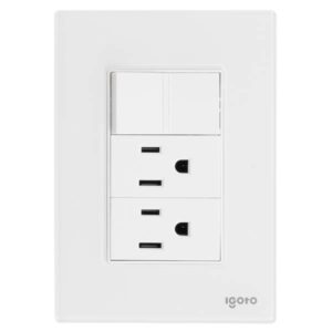 Placa 3 ventanas con 2 contactos 2p+t y apagador sencillo blanco Cristal Igoto