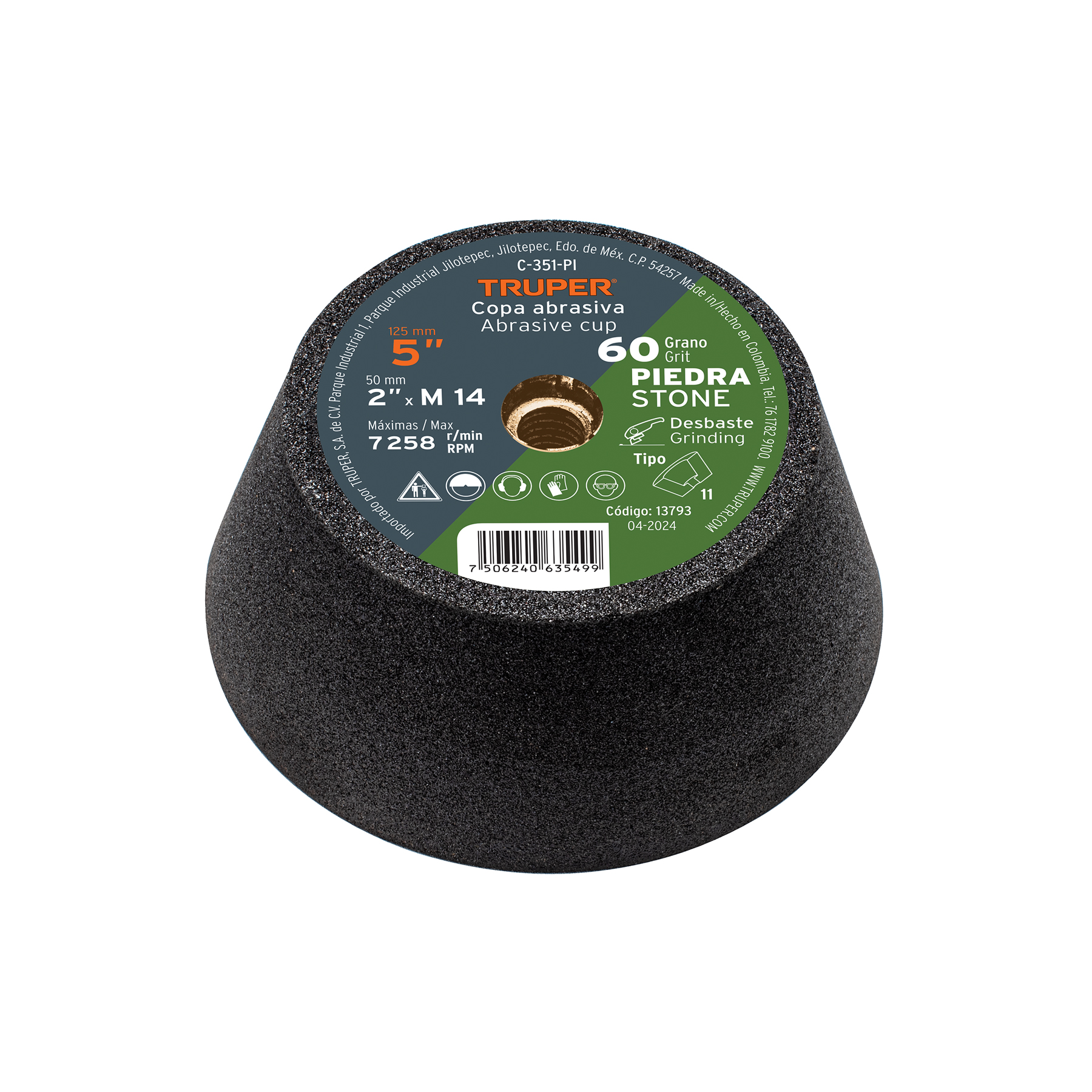 Copa desbaste de piedra 5" grano 60, eje M14, Truper