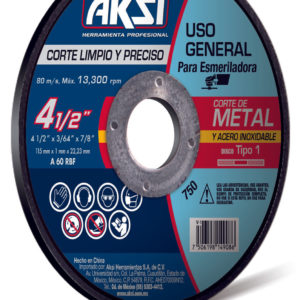 Disco corte de metal y acero inox. 4 1/2" x 1 mm, tipo 1 - Uso General