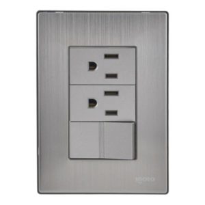 Placa 3 ventanas con 2 contactos 2p+t y apagador sencillo plata Inox Igoto