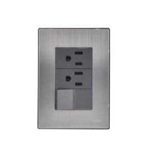 Placa 3 ventanas con 2 contactos 2p+t y apagador sencillo negro Inox Igoto