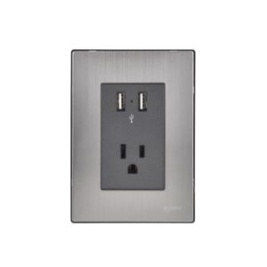 Placa 3 ventanas con 2 contactos USB y contactos 2p+t negro Inox Igoto