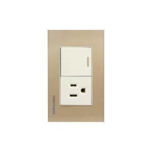 Placa 2 ventanas con apagador sencillo y contacto 2p+t dorado Krystal Montana