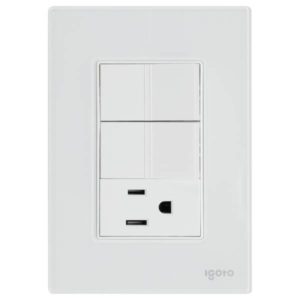 Placa 3 ventanas con 2 apagadores sencillos y contacto 2p+t blanco Cristal Igoto