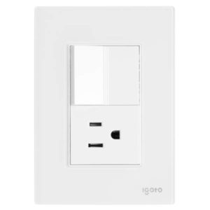 Placa 3 ventanas con apagador sencillo y contacto 2p+t blanco Cristal Igoto